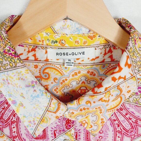 Rose & Olive, XL Button Down Blouse, Long Sleeve, Multi Paisley Patchwork Print - Picture 2 of 15